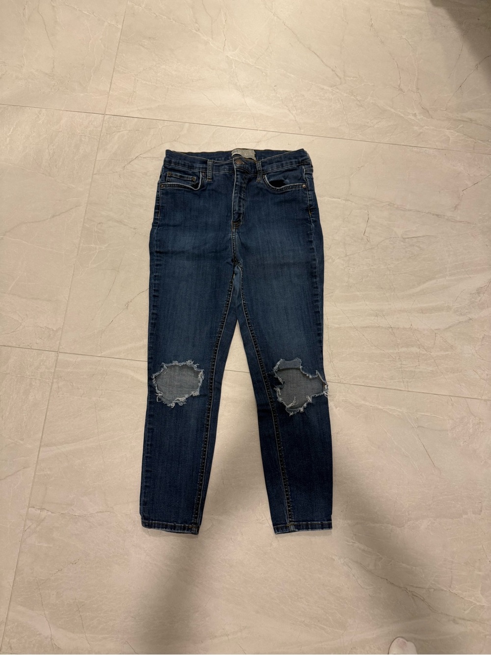 Women's Dark Blue Distressed Knee Slim Jeans